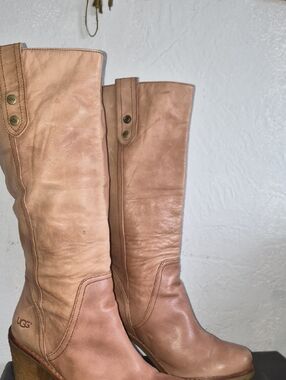 UGG Women's Leather Knee-High Wedge Boots in Dusty Pink